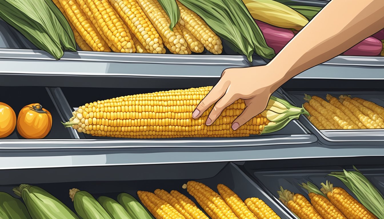 A hand reaching for a plastic corn on the cob dish on a grocery store shelf