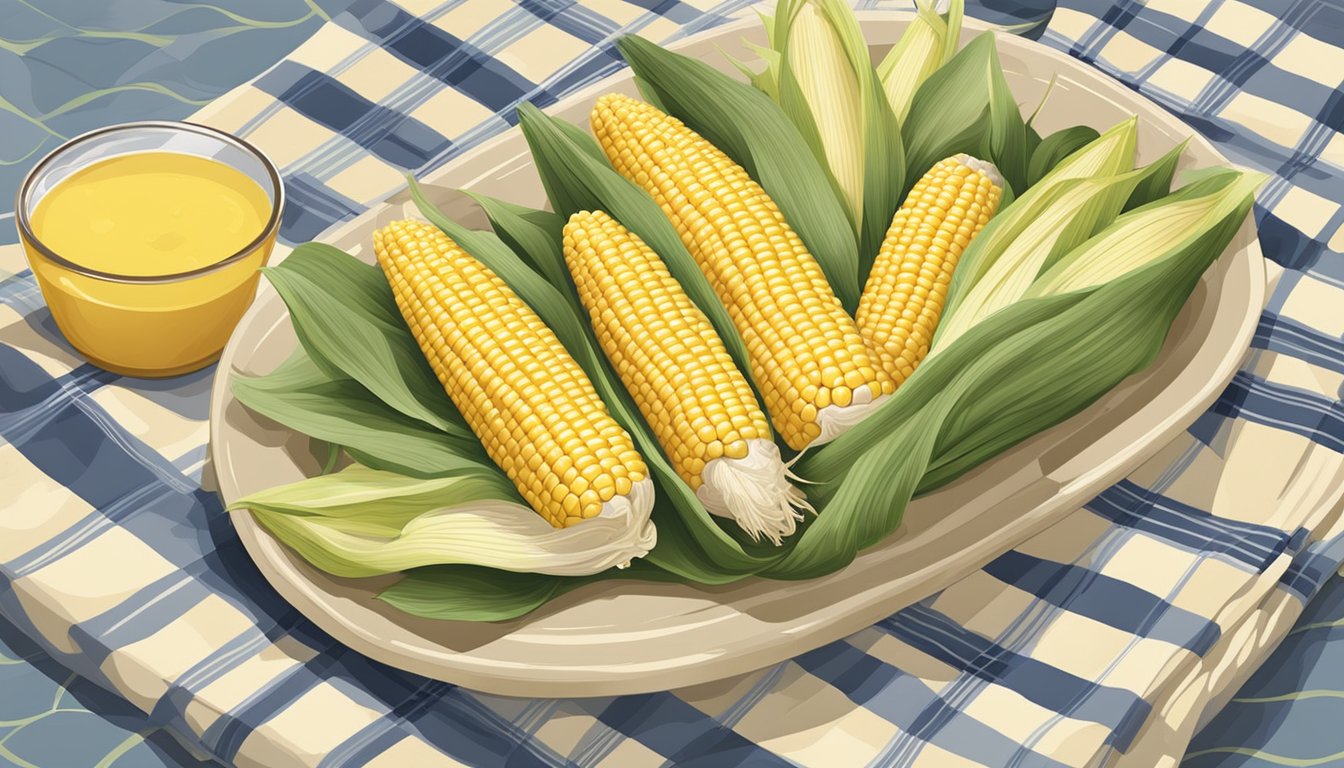 A plastic dish filled with freshly shucked corn on the cob sits on a checkered tablecloth, surrounded by scattered husks and a small container of butter