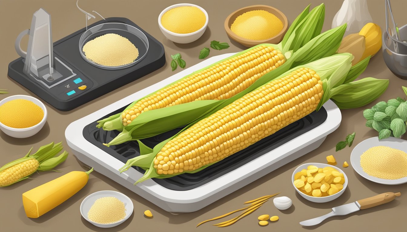 A 3D printer creating a realistic-looking corn on the cob out of food-grade material, surrounded by various culinary tools and ingredients