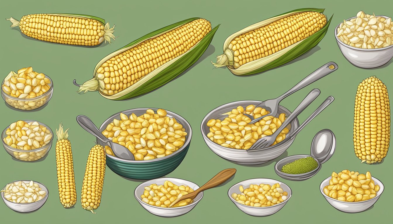 Fresh corn on the cob with husks peeled back, a set of utensils for shucking and eating, and various types of corn kernels in bowls