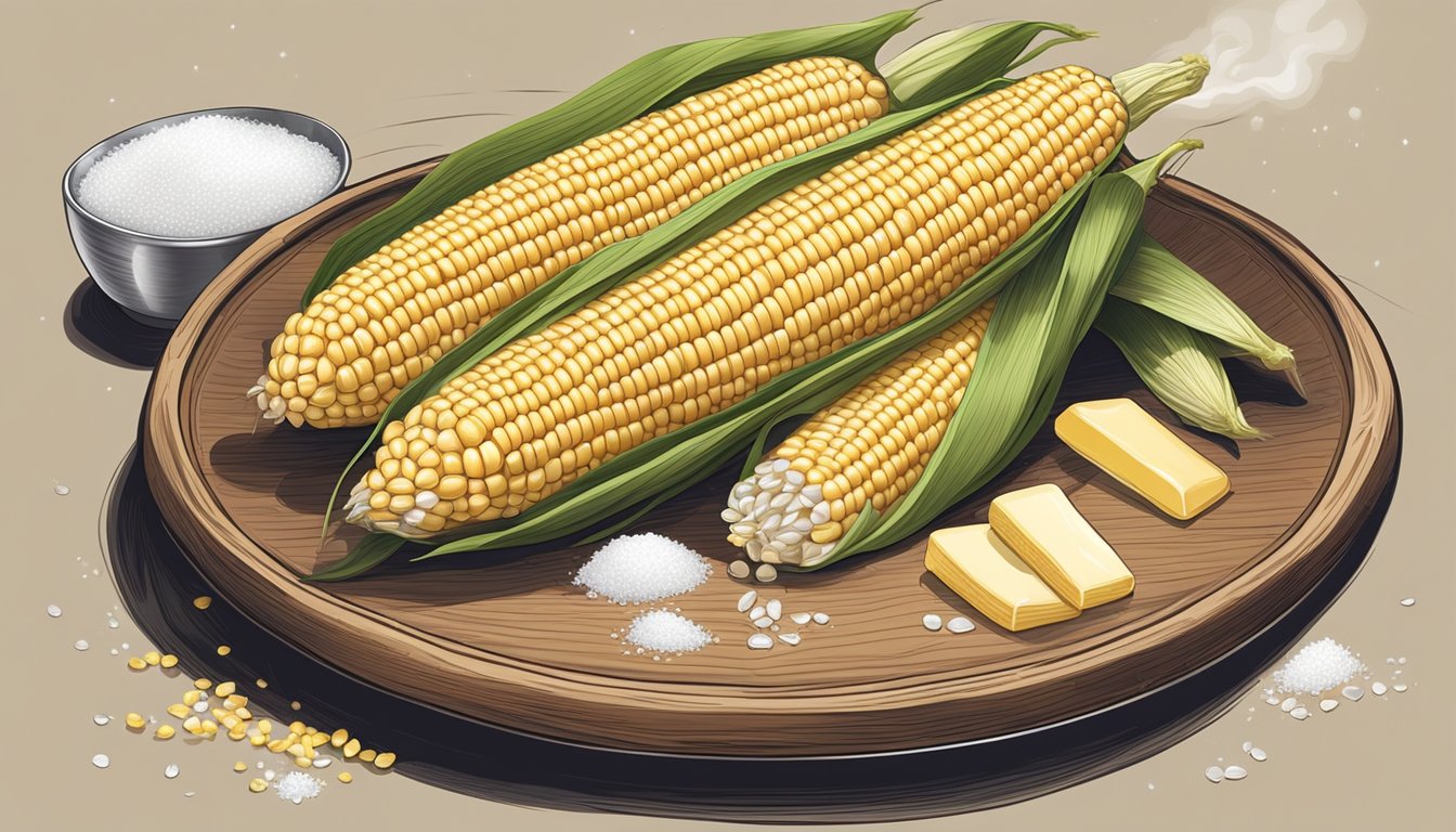 A wooden plate with a steaming ear of corn, surrounded by a pat of butter, salt shaker, and a pair of silver corn on the cob holders