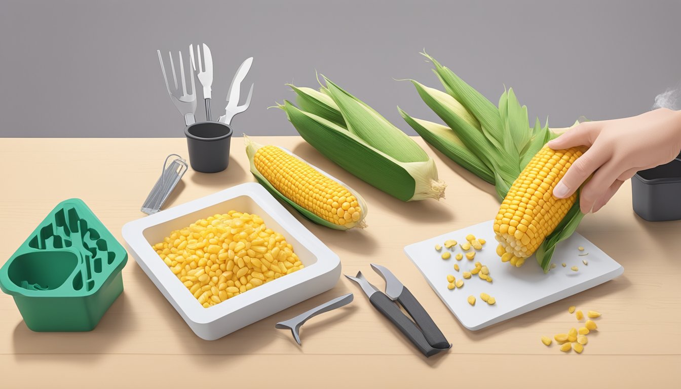 A hand reaching for a 3D-printed corn on the cob, with a table and various tools for post-printing steps in the background