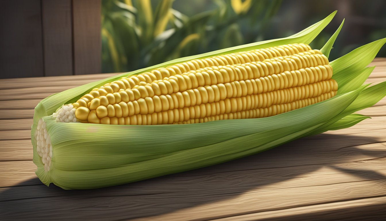 A 3D model of a corn on the cob with realistic materials and shaders, placed on a rustic wooden tabletop