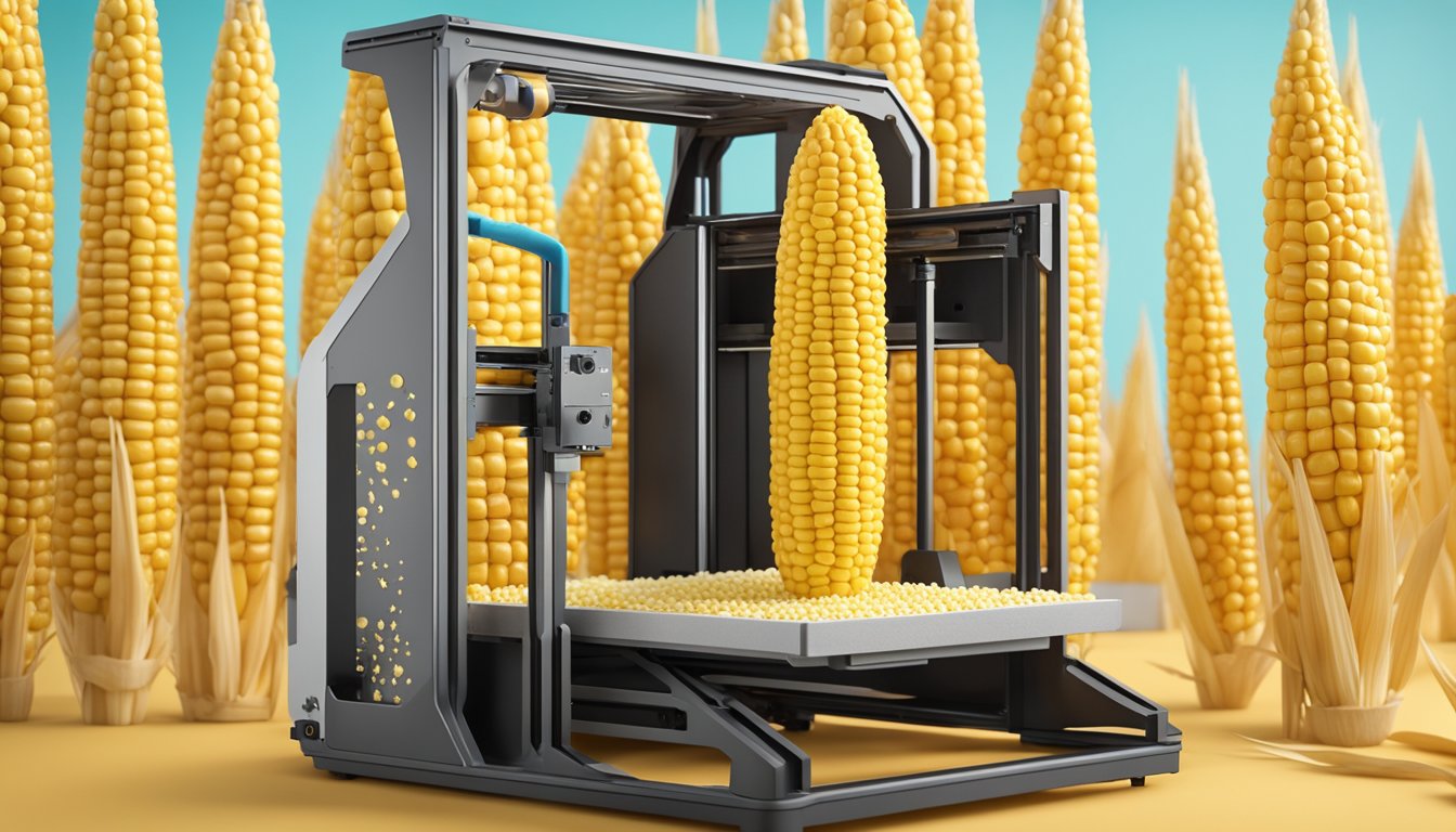 A 3D printer creating a detailed, life-sized corn on the cob model with intricate kernels and husk