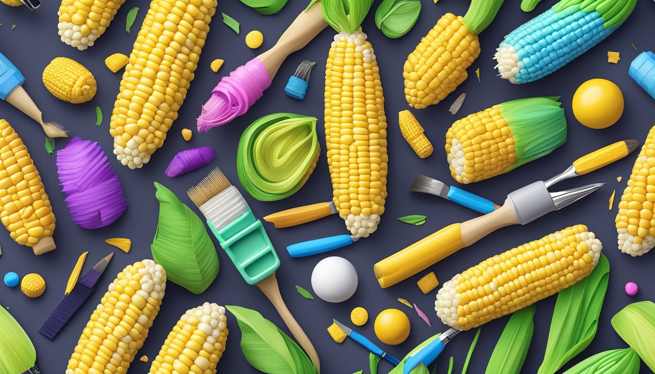 A vibrant 3D-printed corn on the cob surrounded by various artistic tools and resources, such as paintbrushes, pencils, and colorful palettes, providing inspiration for creativity