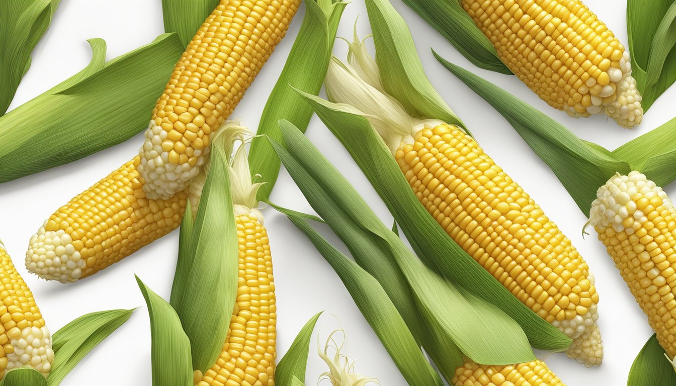 A 3D model of a corn on the cob is showcased on a clean, white surface, with soft lighting to highlight its details and texture