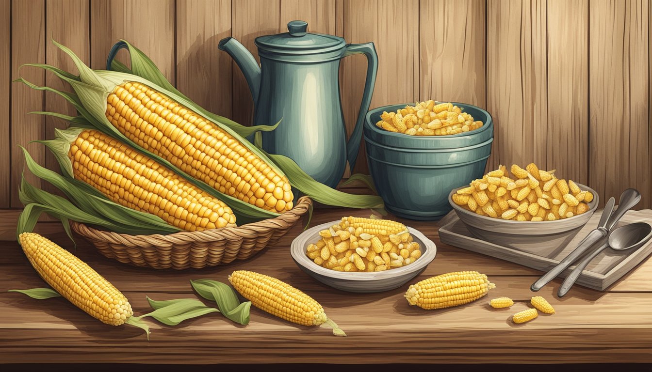 A rustic wooden table with two corn cobs on cob holders, surrounded by vintage kitchen utensils and a basket of fresh corn