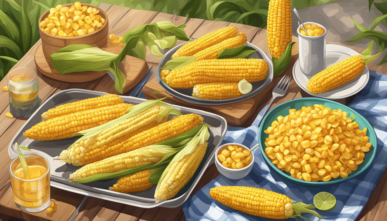 A picnic table with a spread of grilled corn on the cob, surrounded by various styles of corn on the cob holders