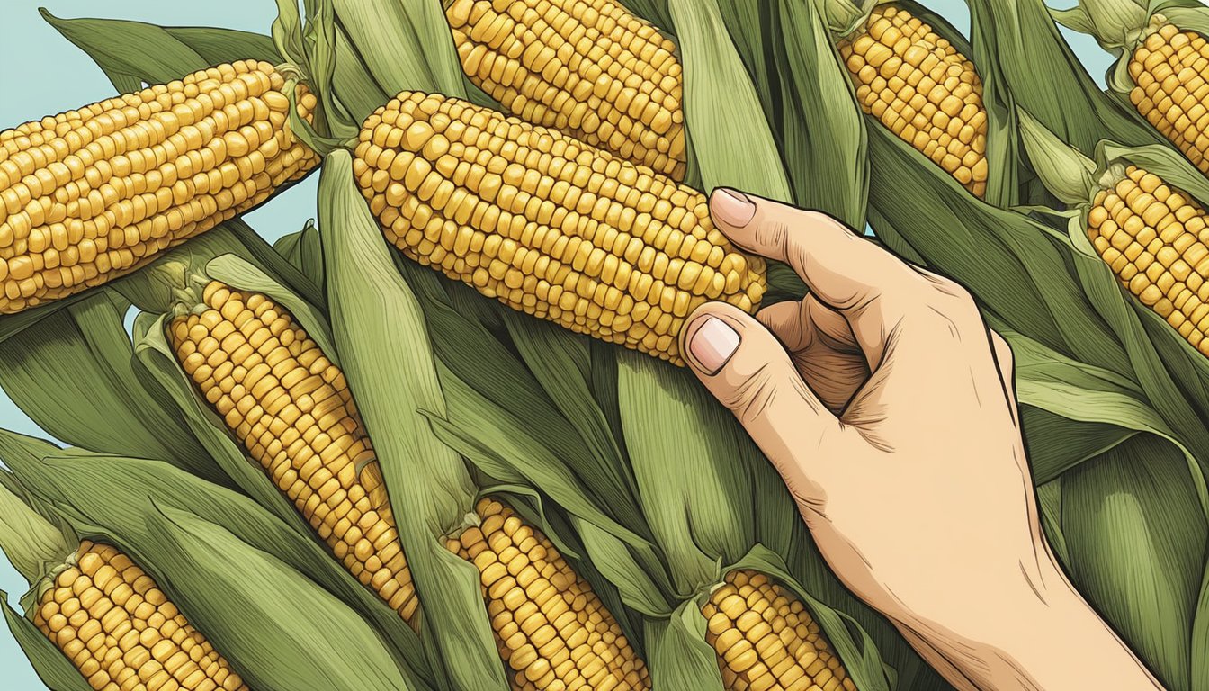 A hand reaching for a corn on the cob with safety and usage tips holders attached