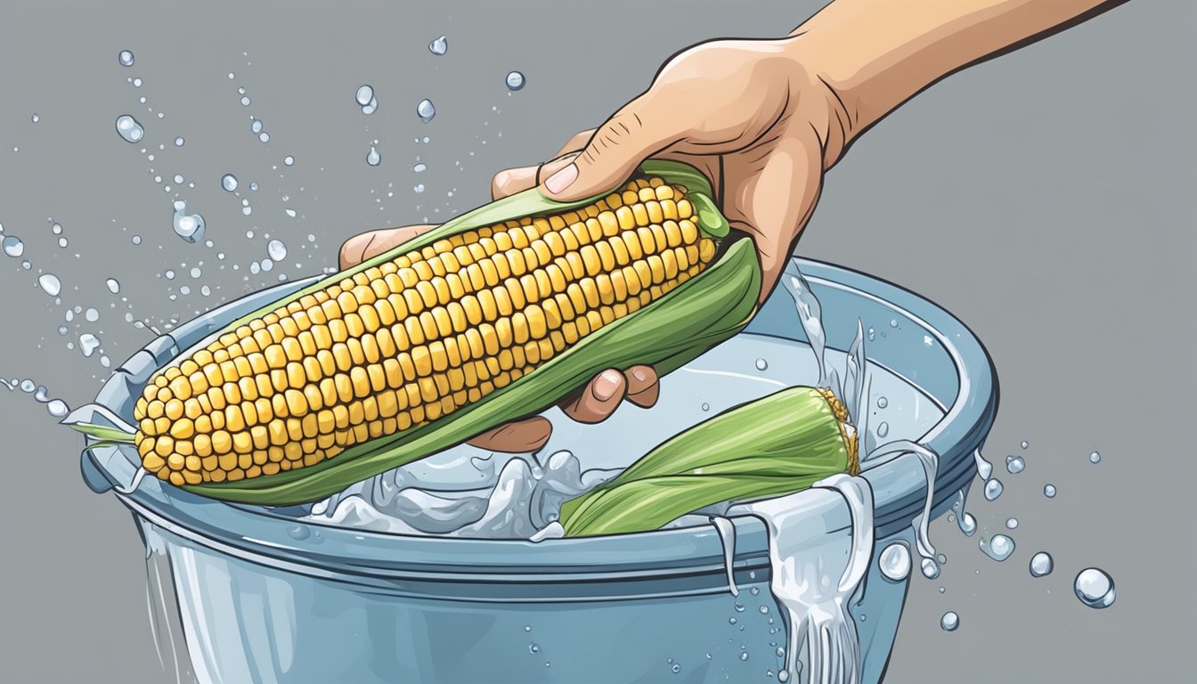 A hand holding a corn on the cob holder while scrubbing it with a brush under running water