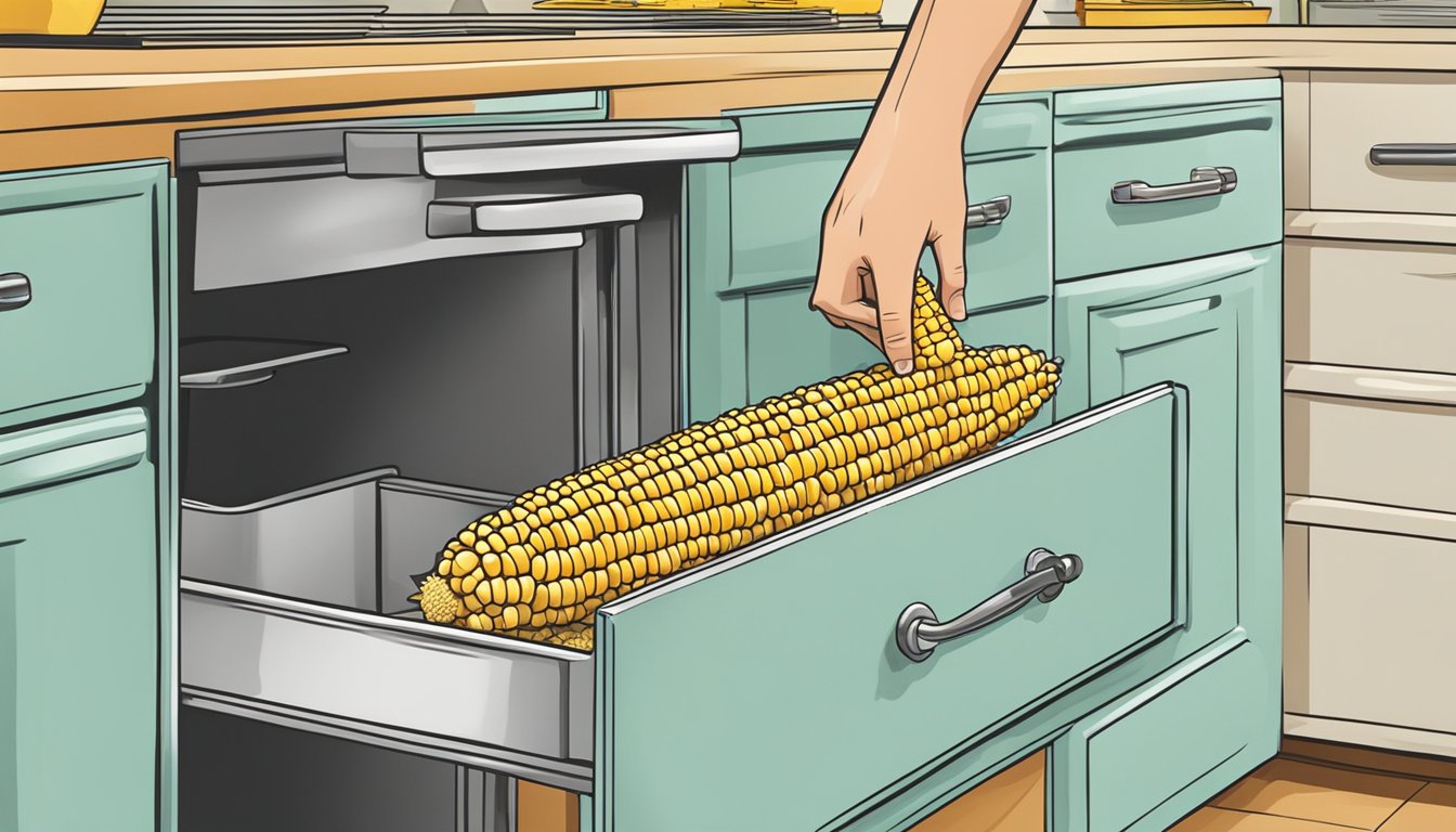 A hand picking up a corn on the cob holder from a kitchen drawer