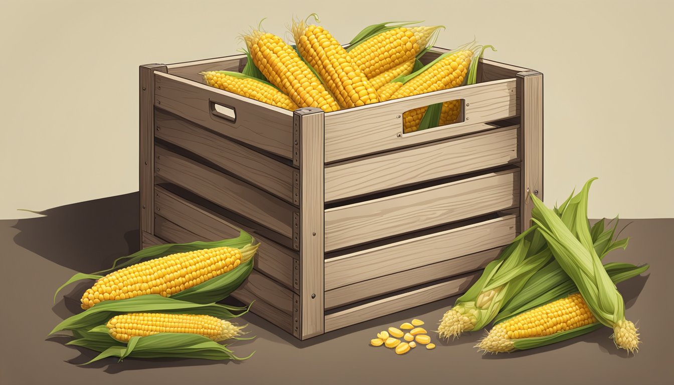 A wooden crate filled with corn on the cob sits next to a set of metal racks and hooks for storage and maintenance