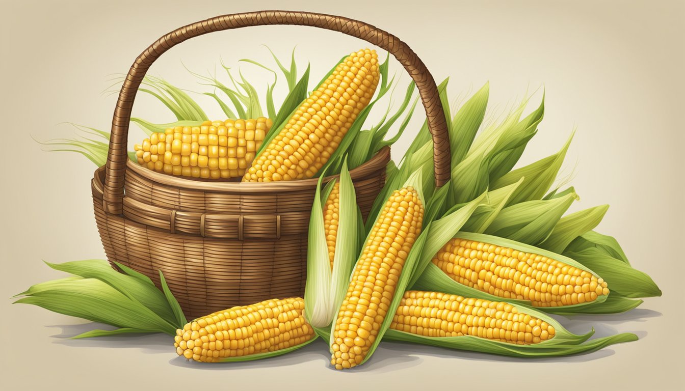 A table with a variety of corn on the cob holders displayed next to a basket of fresh corn