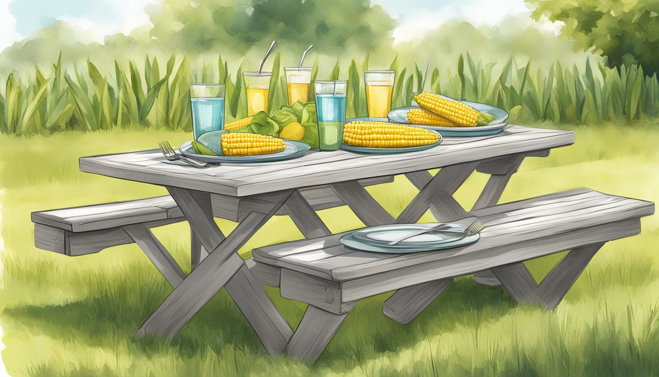 A picnic table set with plates, napkins, and corn holders. Corn on the cob rests on the holders, ready for outdoor dining