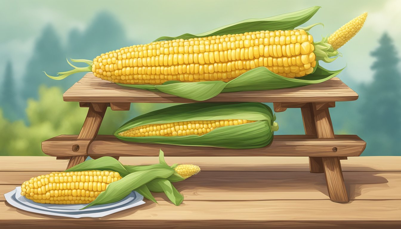 Two corn on the cob holders with personalized initials on the handles, sitting on a wooden picnic table with fresh corn in the background