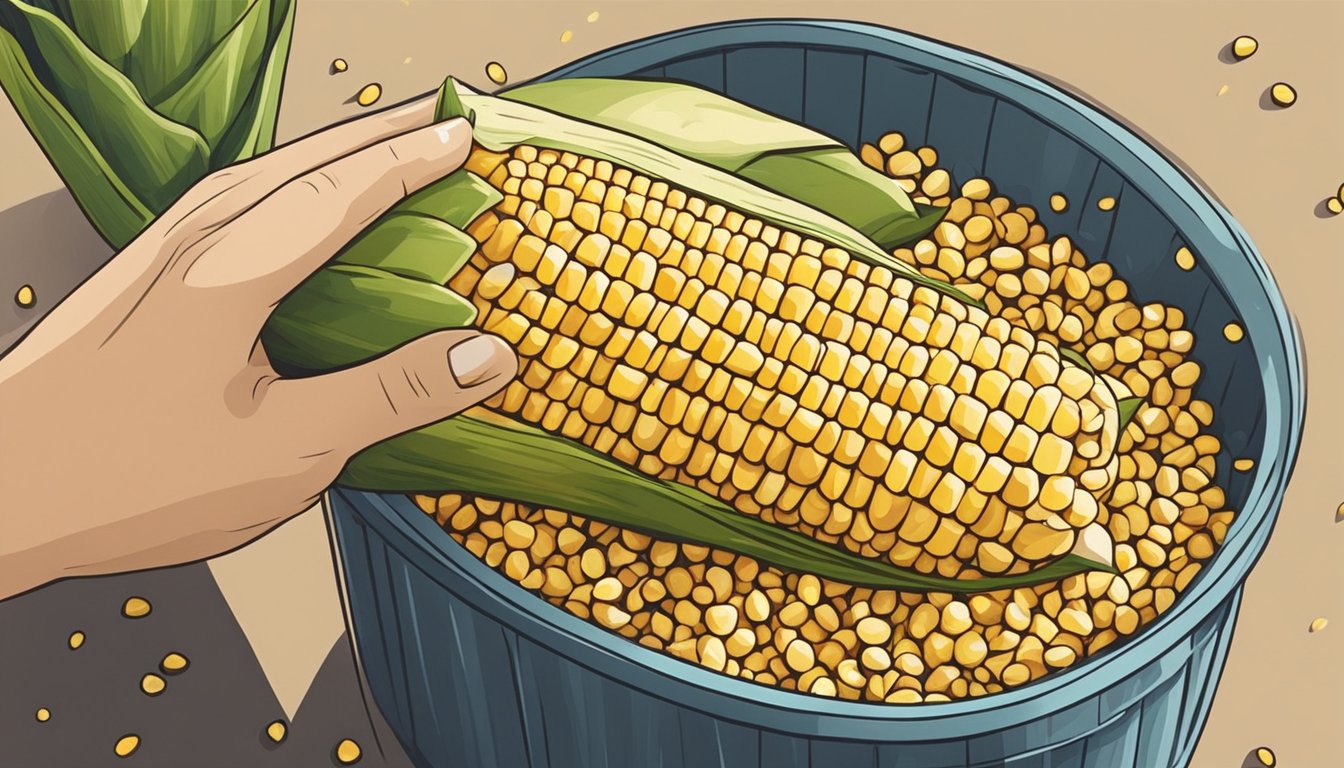 A hand holding a cob of corn with kernels being removed into a container