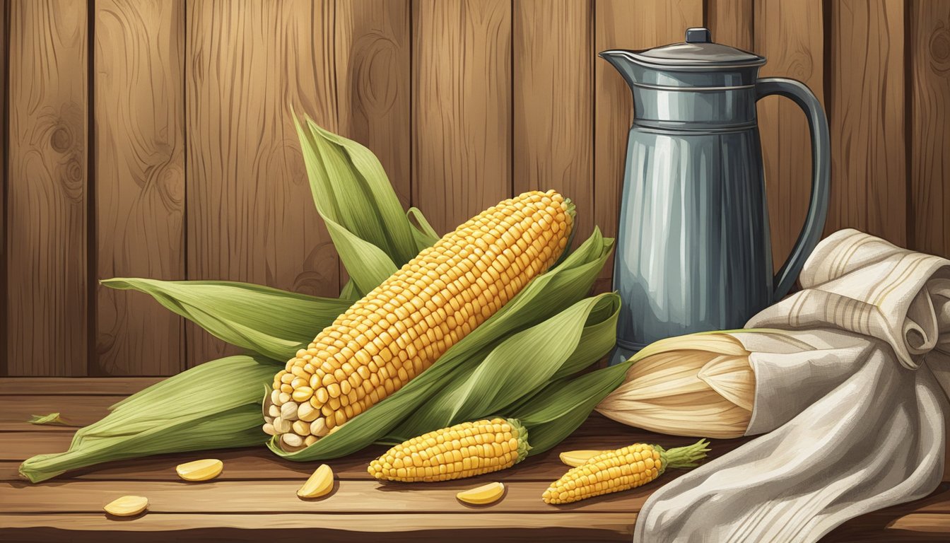 A rustic wooden table with a corn on the cob jug as the centerpiece, surrounded by scattered corn husks and a vintage kitchen towel