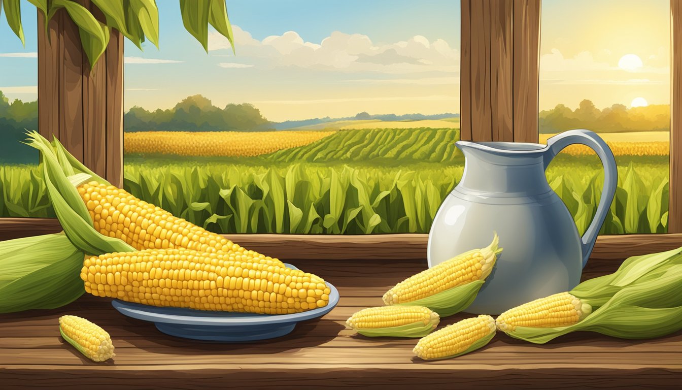 A rustic wooden table with a corn on the cob jug, surrounded by fresh corn and husks, set against a backdrop of a sunny farm field