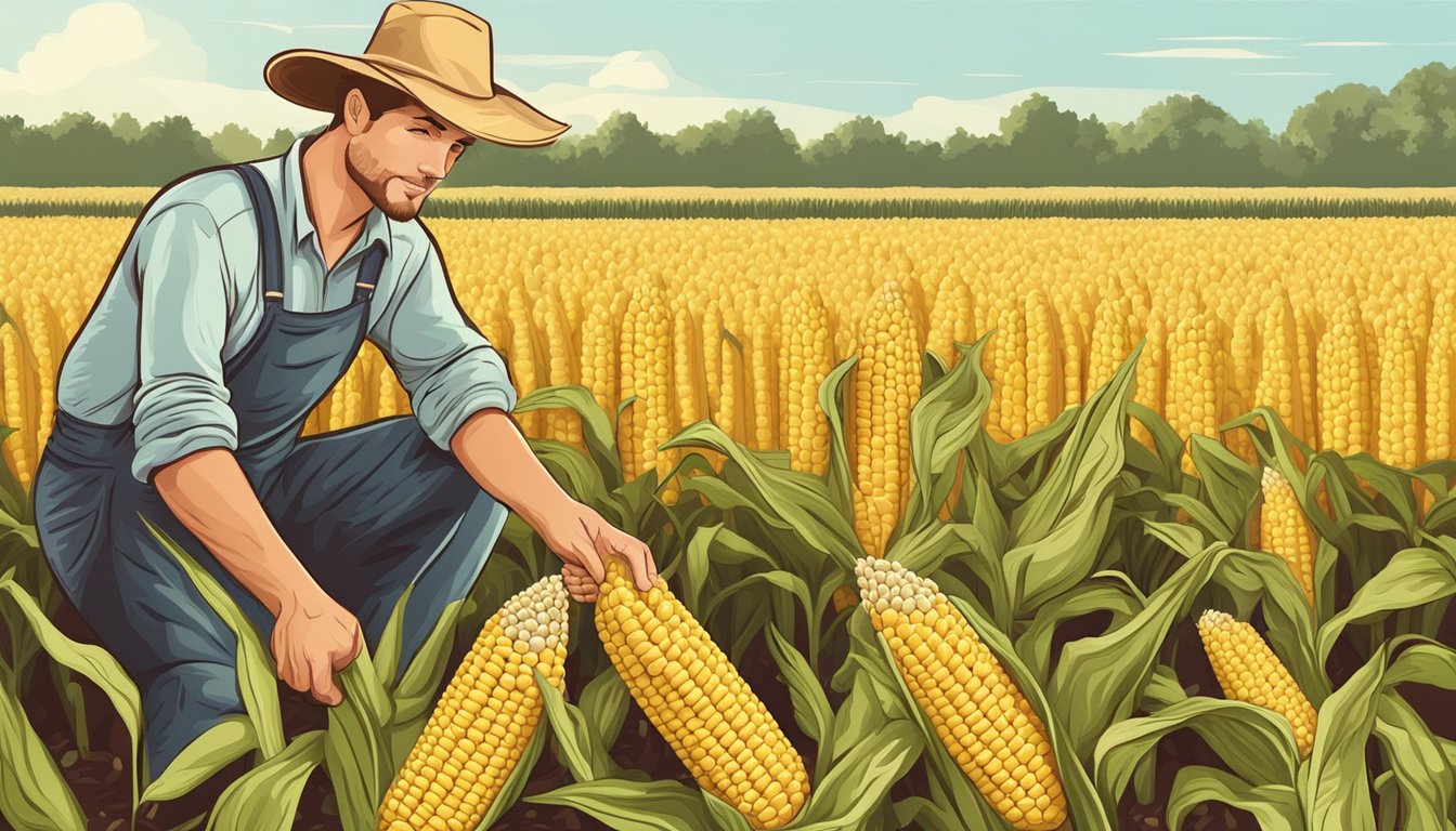 A farmer collects ripe corn on the cob from the field