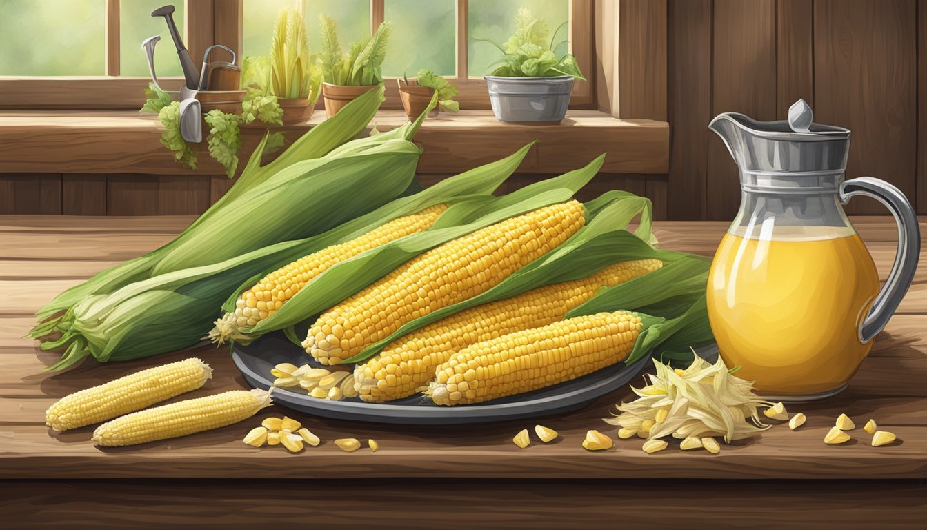 A rustic kitchen table with a jug filled with fresh corn on the cob, surrounded by scattered husks and a pair of gardening gloves