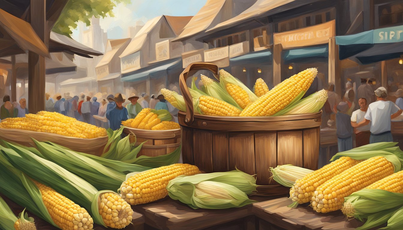 A rustic wooden jug overflowing with fresh corn on the cob, set against a backdrop of a bustling market