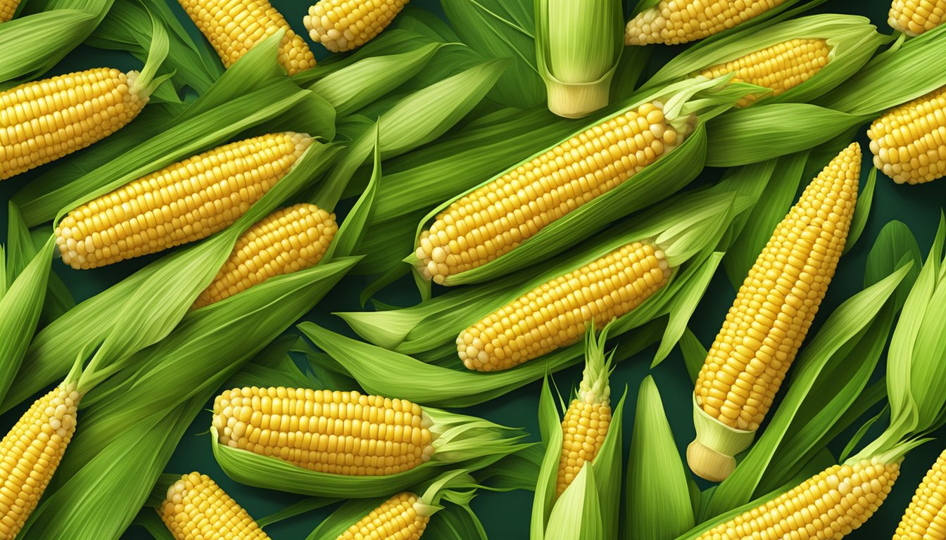 A 3D model of corn on the cob, with kernels arranged in neat rows, surrounded by vibrant green husks, and positioned on a wooden surface