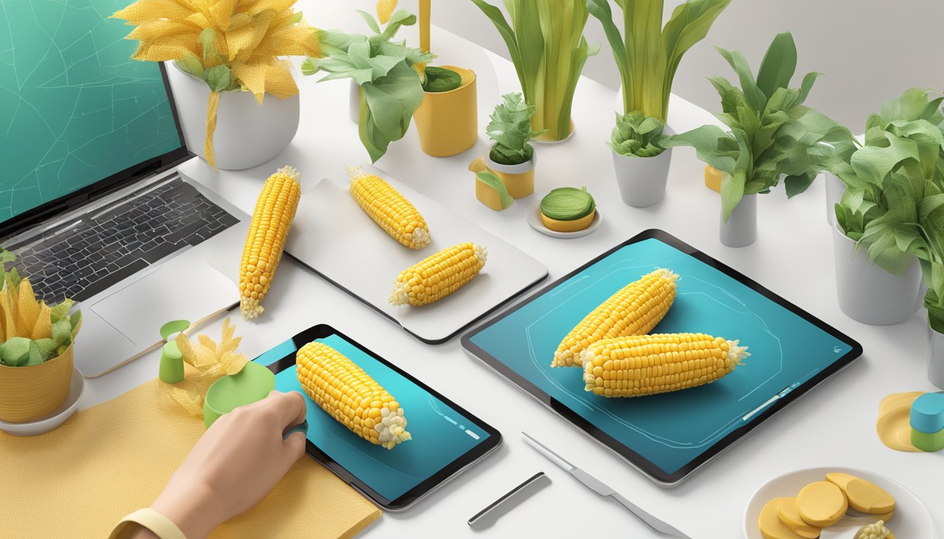 A 3D model of a corn on the cob being easily held and rotated by a virtual hand, with a variety of devices and platforms surrounding it