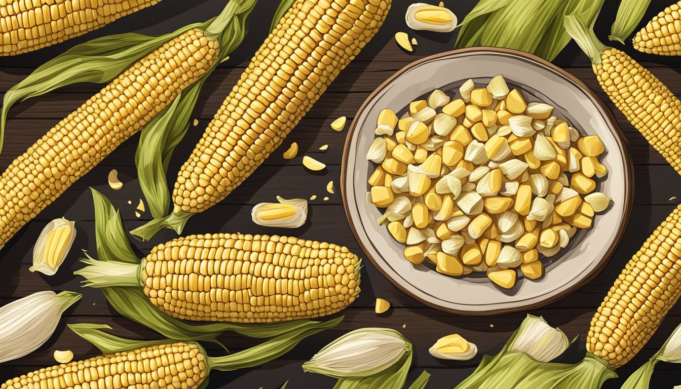 A rustic wooden table with a pile of fresh corn on the cob, surrounded by scattered husks and a few loose kernels