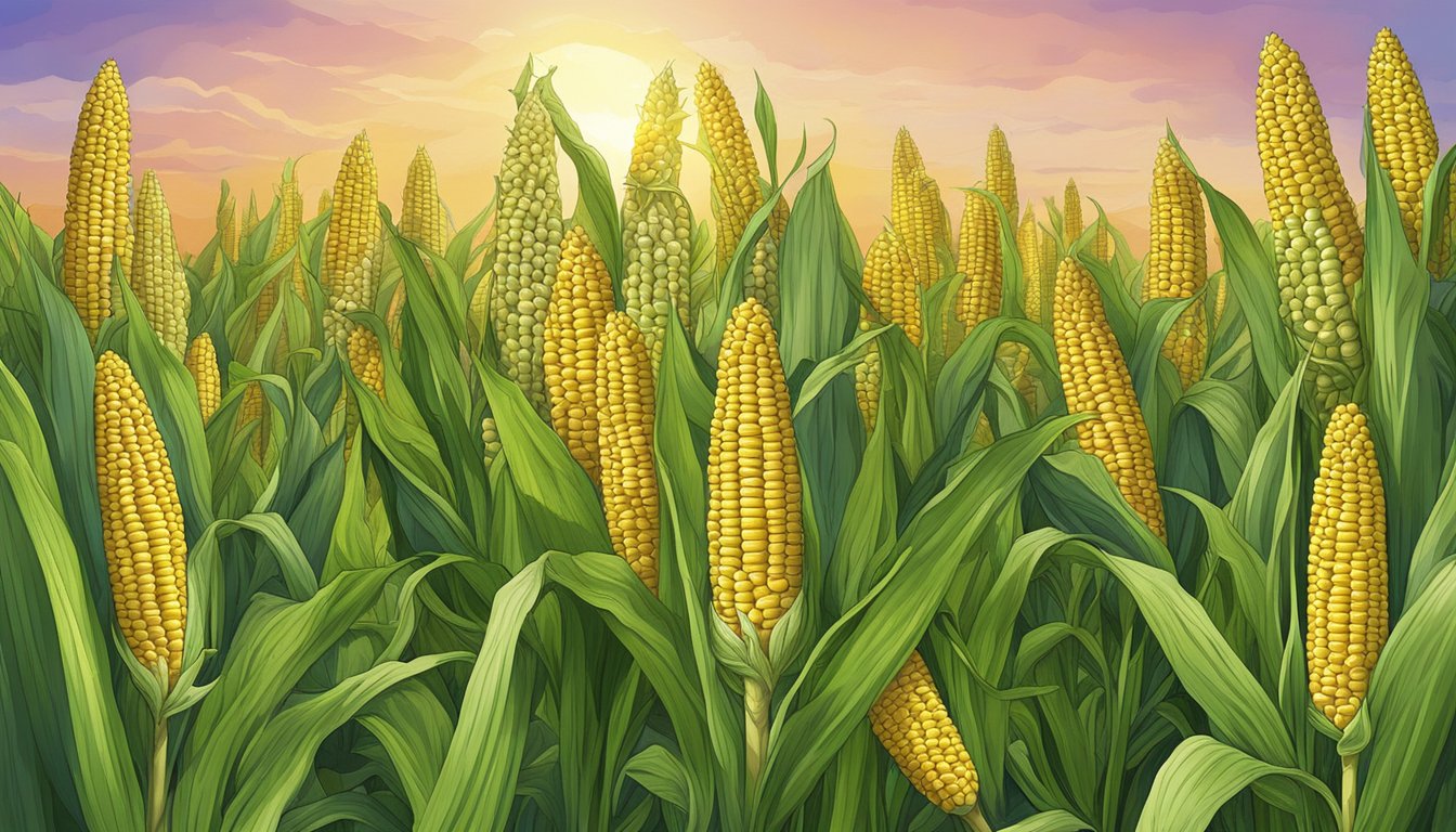 A glass corn on the cob growing in a vibrant, lush field of cultivated crops