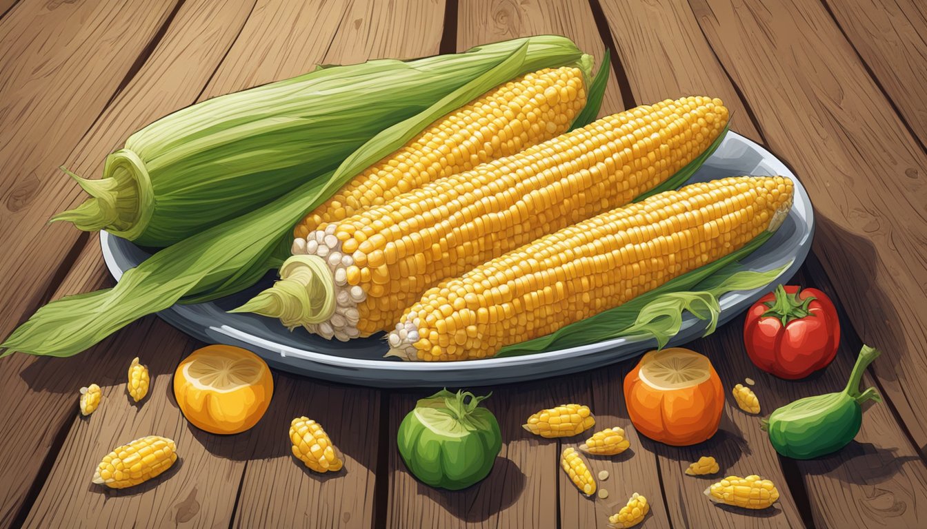 A glass corn on the cob, with kernels bursting with vibrant colors, sits on a rustic wooden table beside a plate of fresh vegetables