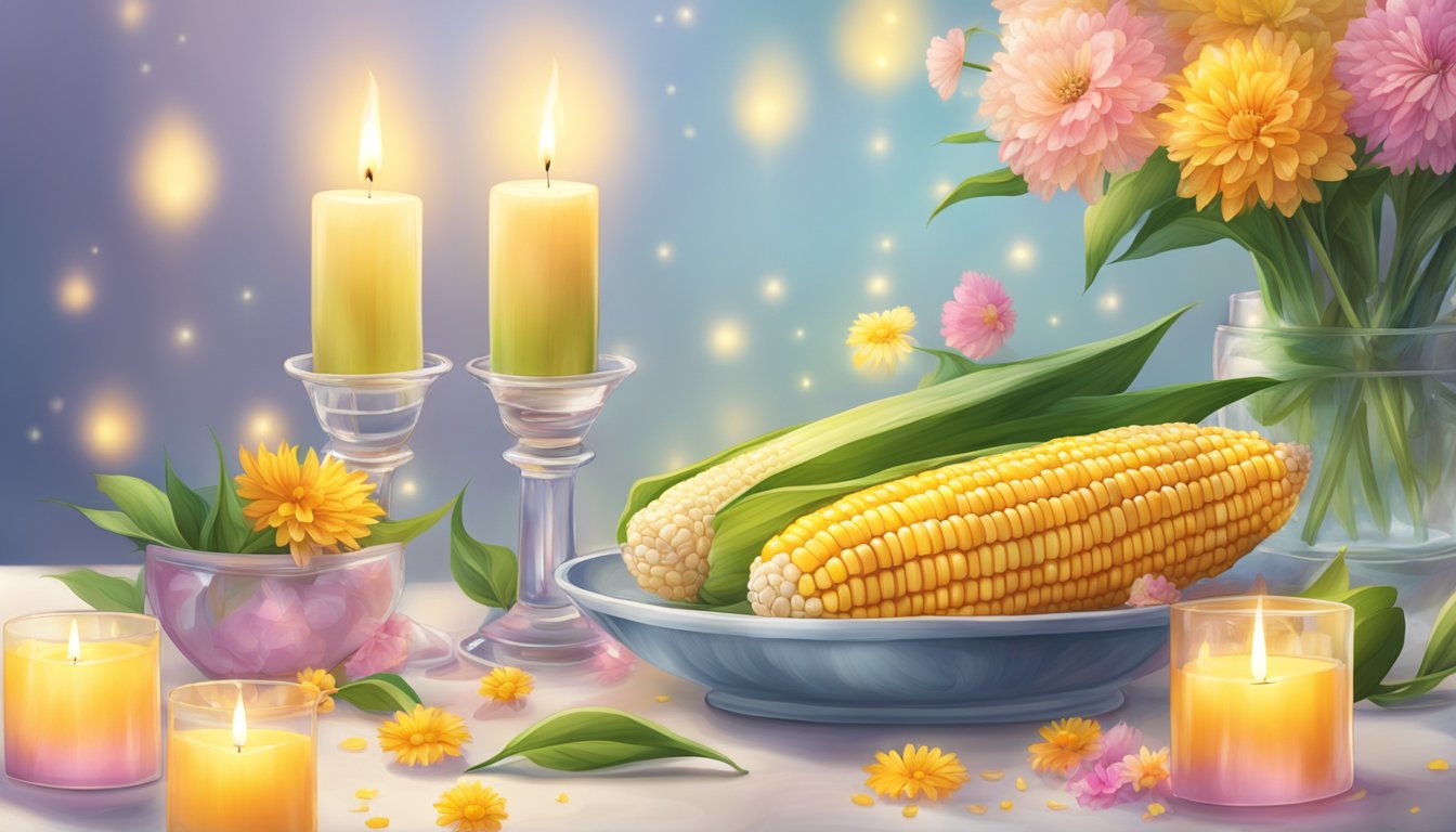 A glass corn on the cob sits on a marble table, surrounded by colorful flowers and soft glowing candles