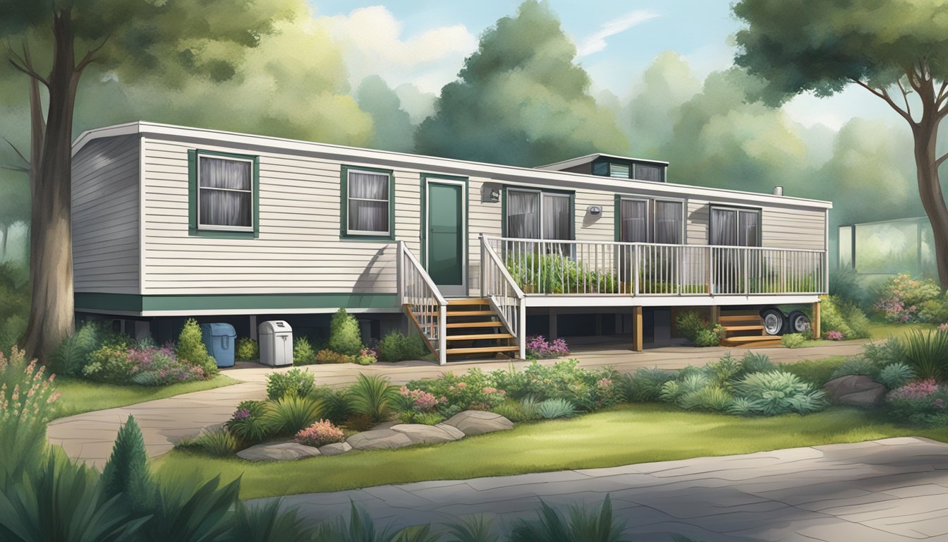 A double wide mobile home with trees and plants outside, while air purifiers and ventilation systems operate inside