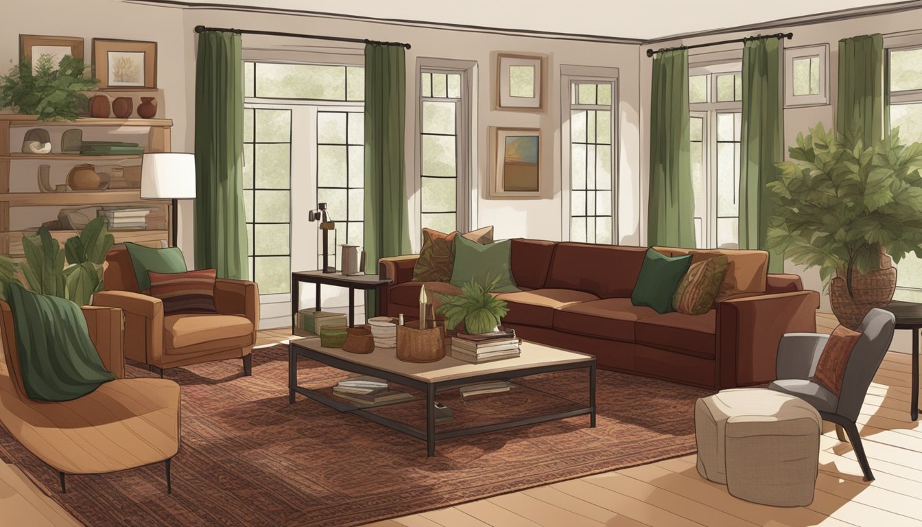 A double wide interior with warm, inviting colors such as deep reds, earthy browns, and calming greens. The furniture and decor are carefully coordinated to create a harmonious and cozy atmosphere