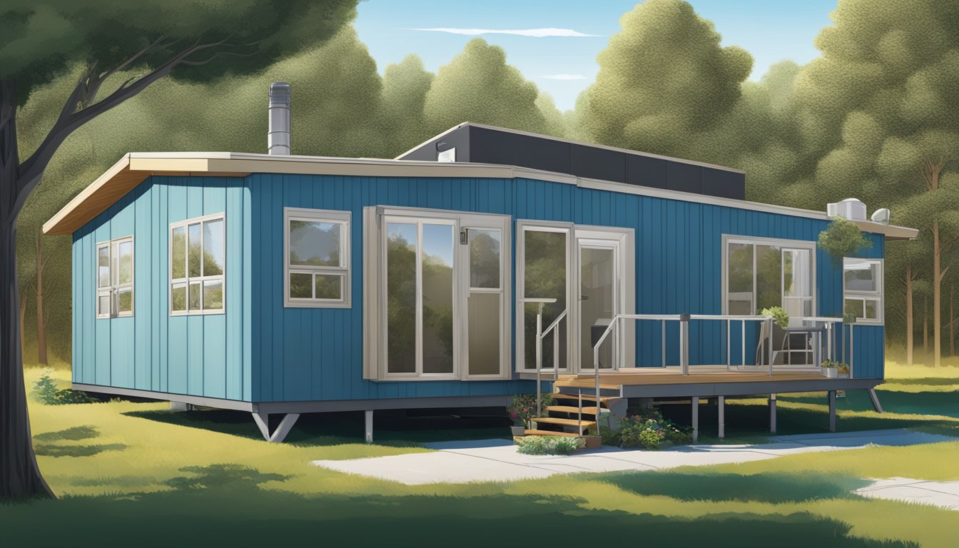 A double wide mobile home surrounded by trees with a clear blue sky, and a visible air purification system installed on the exterior