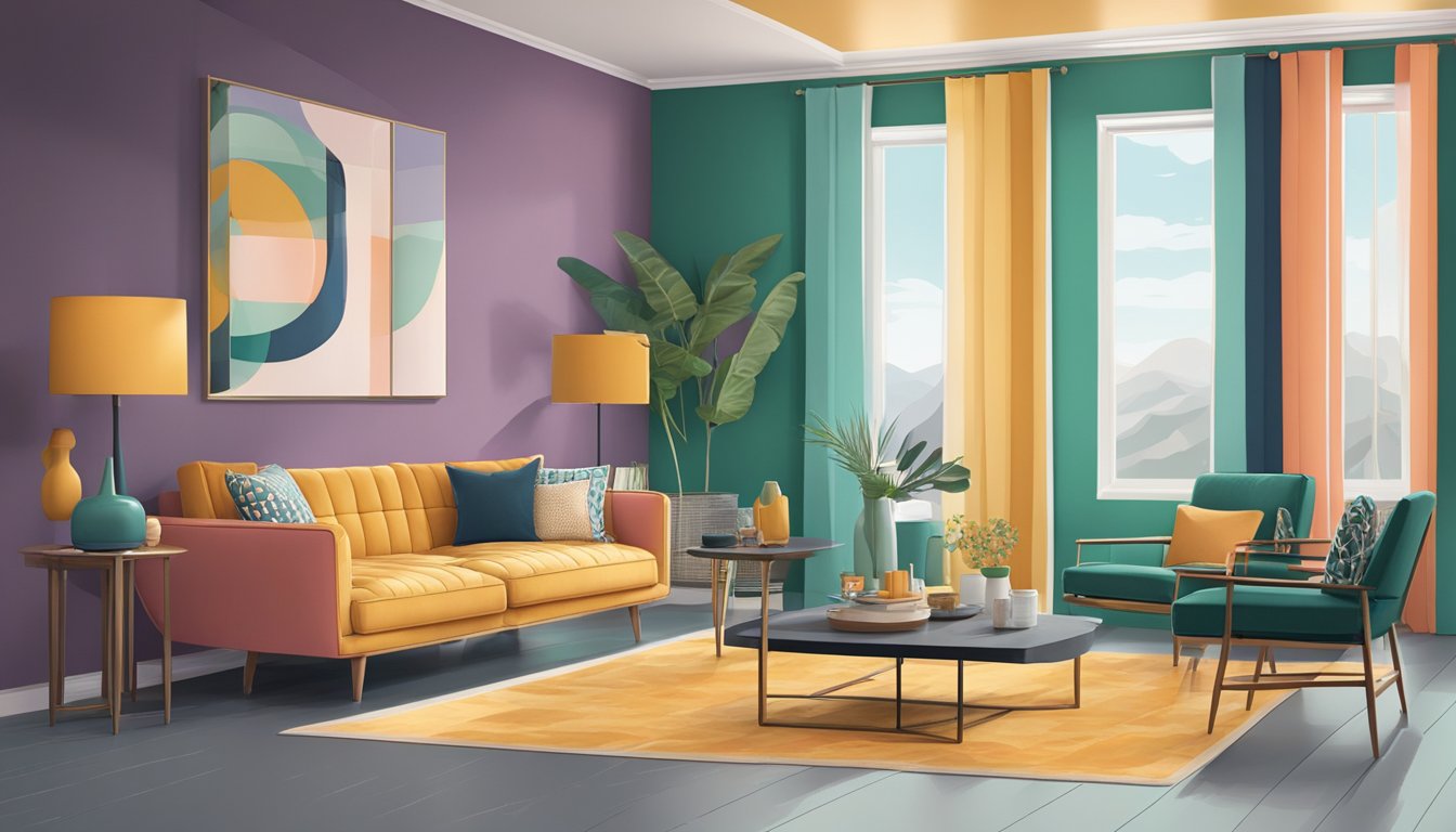 A double wide interior with modern color trends, using psychology of color, incorporating various hues and tones in furniture, decor, and wall paint