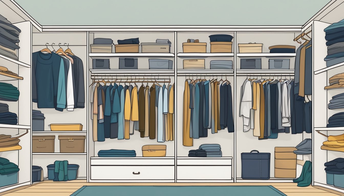 A spacious double wide closet with neatly arranged shelves, hanging rods, and storage bins. Clothes are organized by type and color, creating a visually appealing and functional space