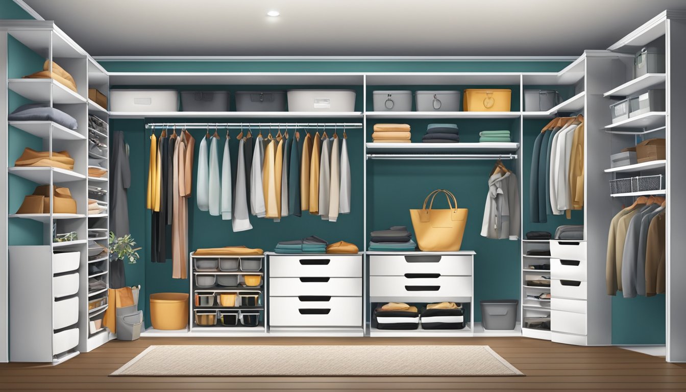 A spacious double wide closet with neatly organized shelves, bins, and hanging racks, maximizing storage with various organizers and accessories