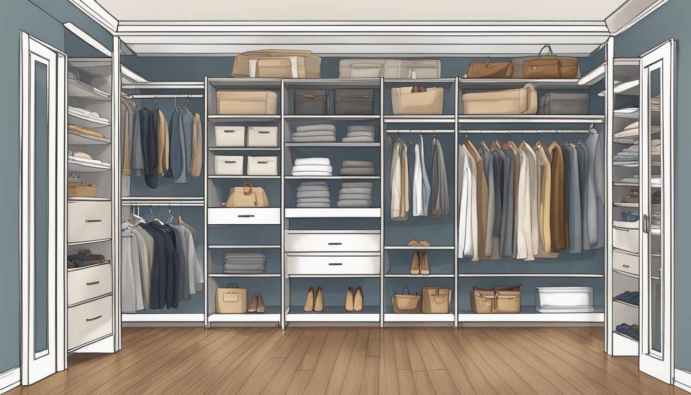 A spacious, well-lit double wide closet with organized shelves, hanging rods, and aesthetic enhancements