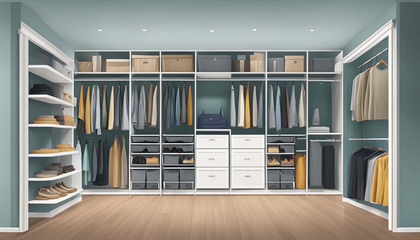 A spacious double wide closet with neatly organized shelves, hanging rods, and storage bins for efficient and tidy storage