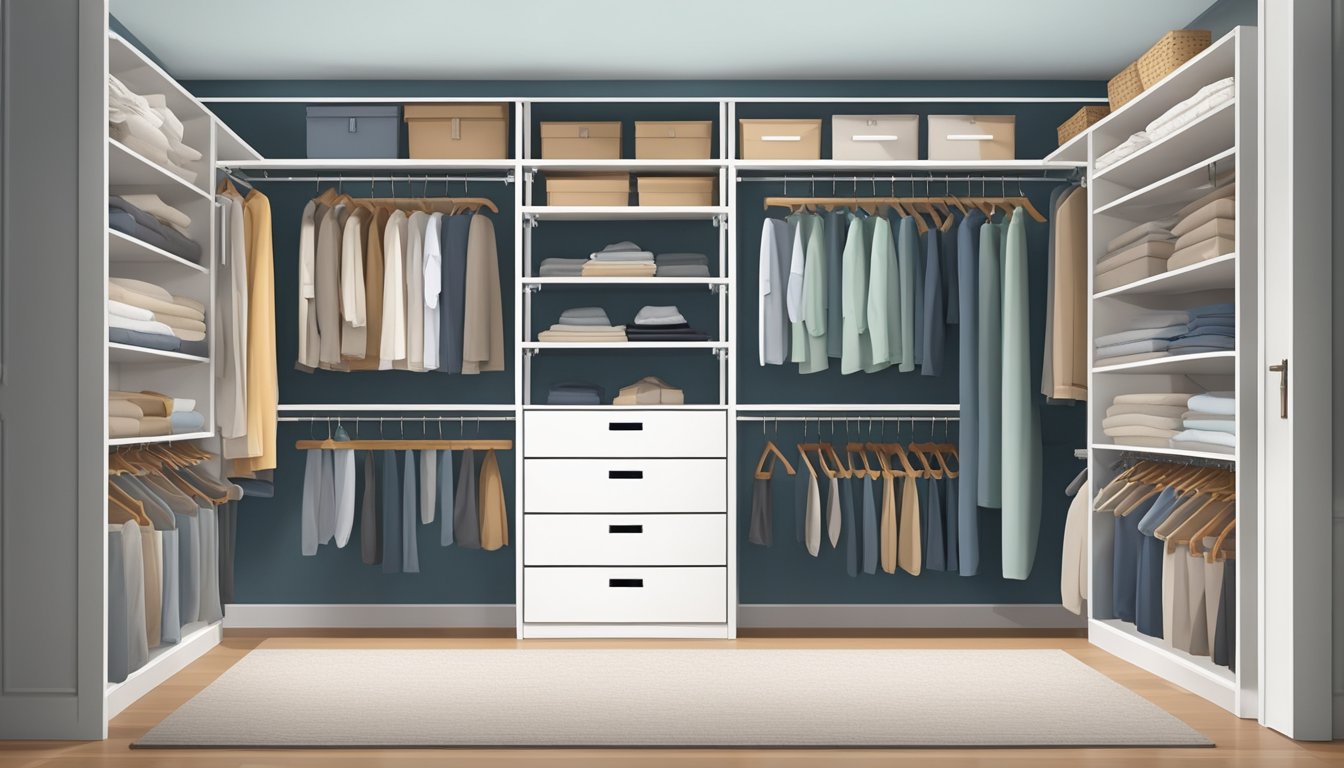 A spacious double wide closet with neatly organized shelves, hanging rods, and storage bins. A clean and clutter-free space with a sense of order and functionality