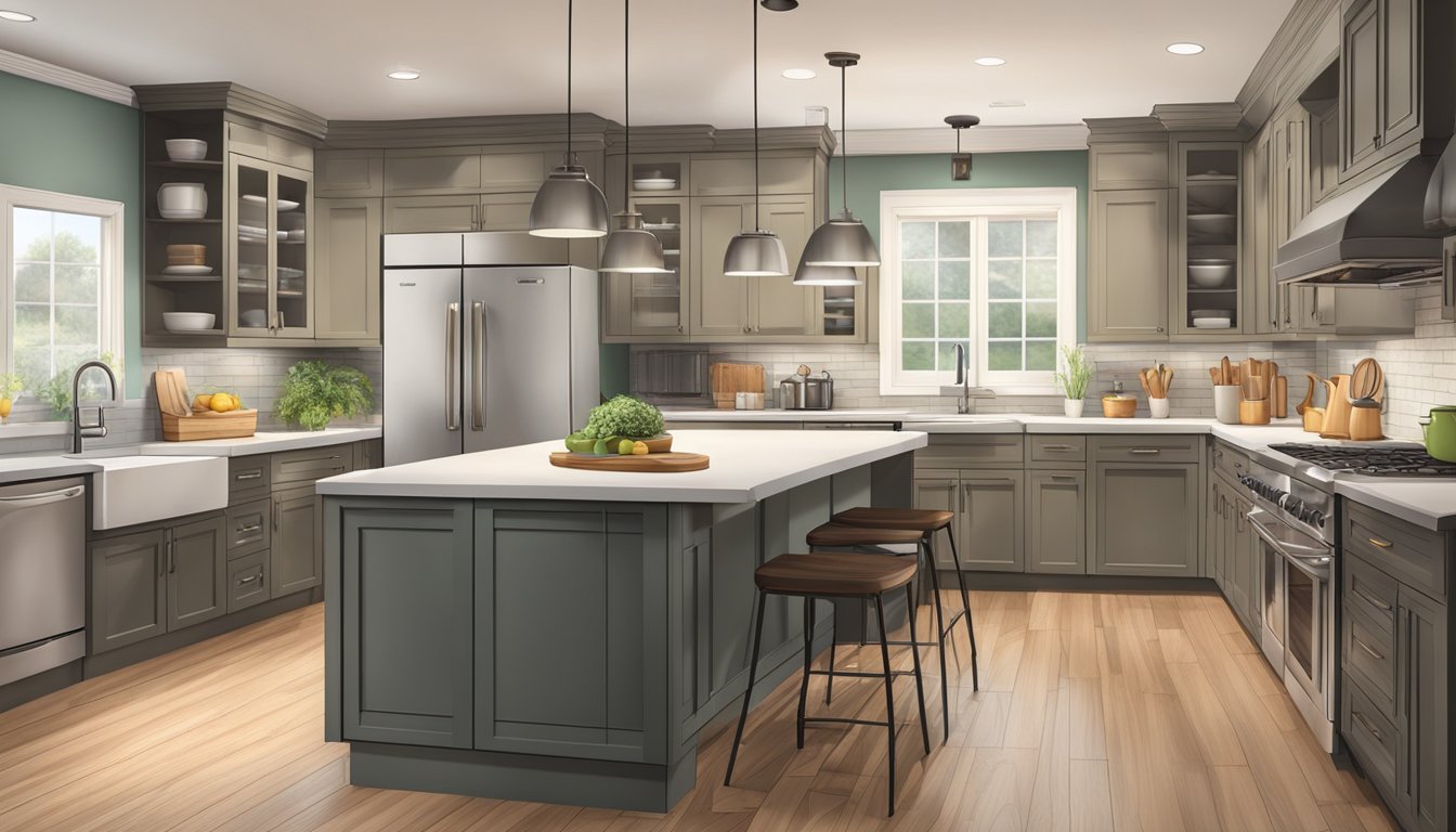 A cozy kitchen in a double wide, with modern appliances suited to the user's cooking needs and habits. Cabinets neatly organized and a welcoming atmosphere