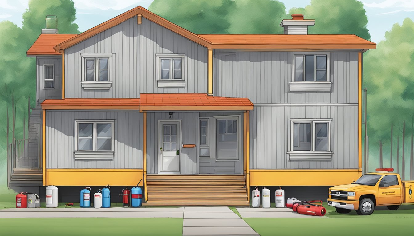 A double wide home with fire safety features: smoke alarms, fire extinguisher, and clear escape routes