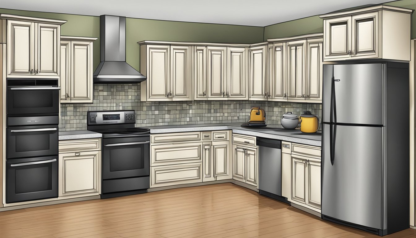 A modern kitchen with a built-in microwave and over-the-range hood. Cabinets and countertops surround the appliances in a double wide mobile home