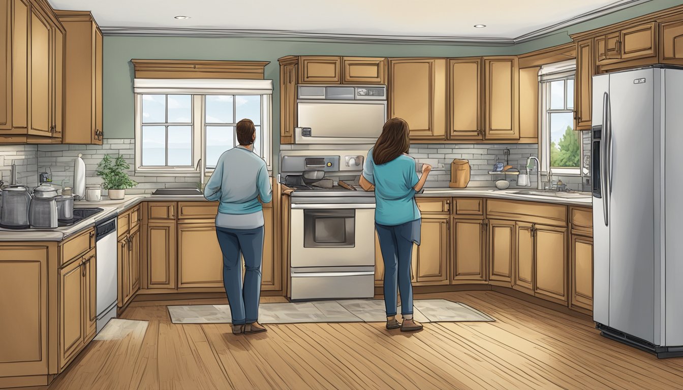 A couple standing in front of a row of appliances, pointing and discussing options for their double wide home