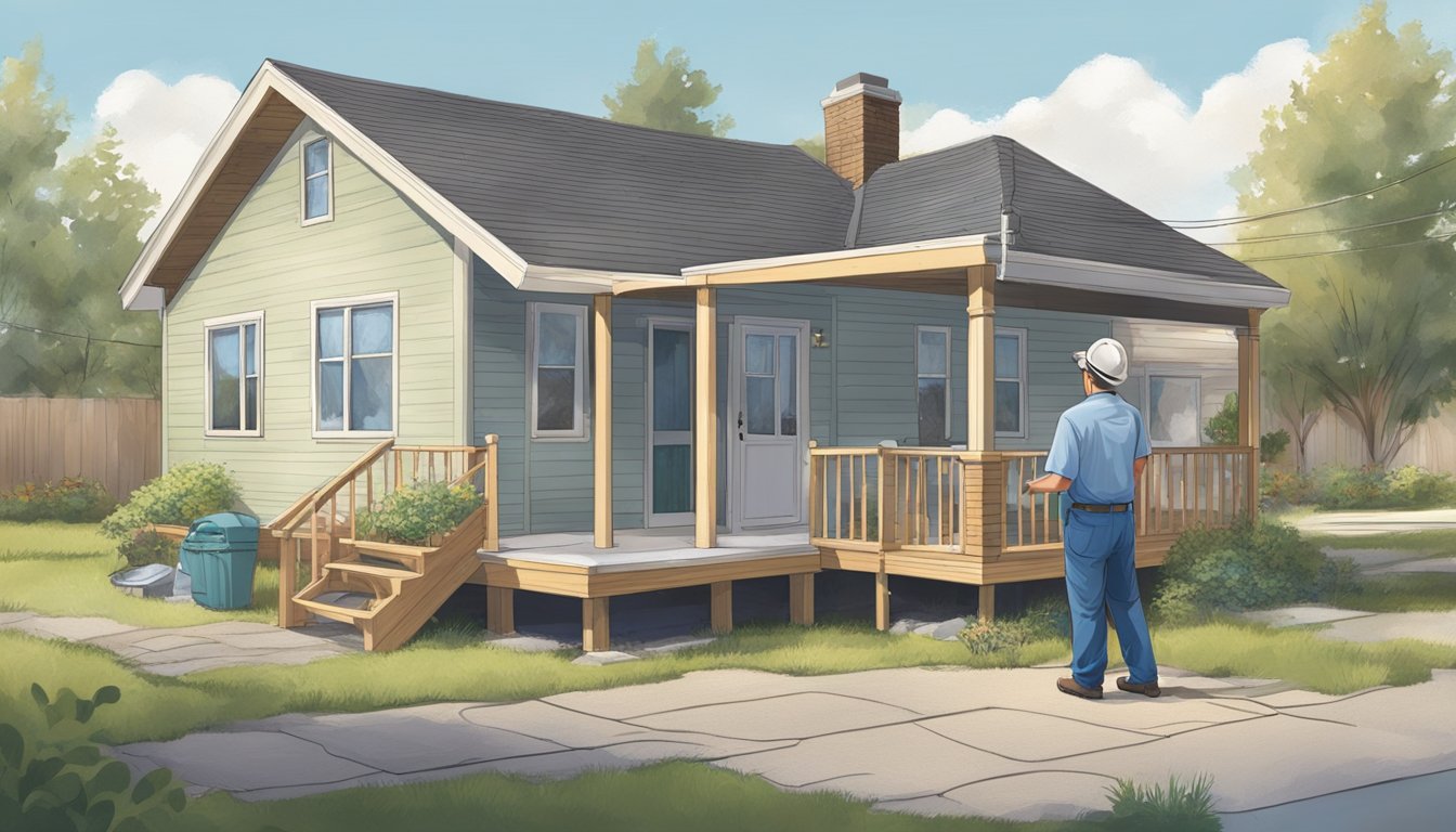 A home inspector examines the exterior and interior of a double wide home, checking for structural integrity, plumbing, electrical, and overall condition