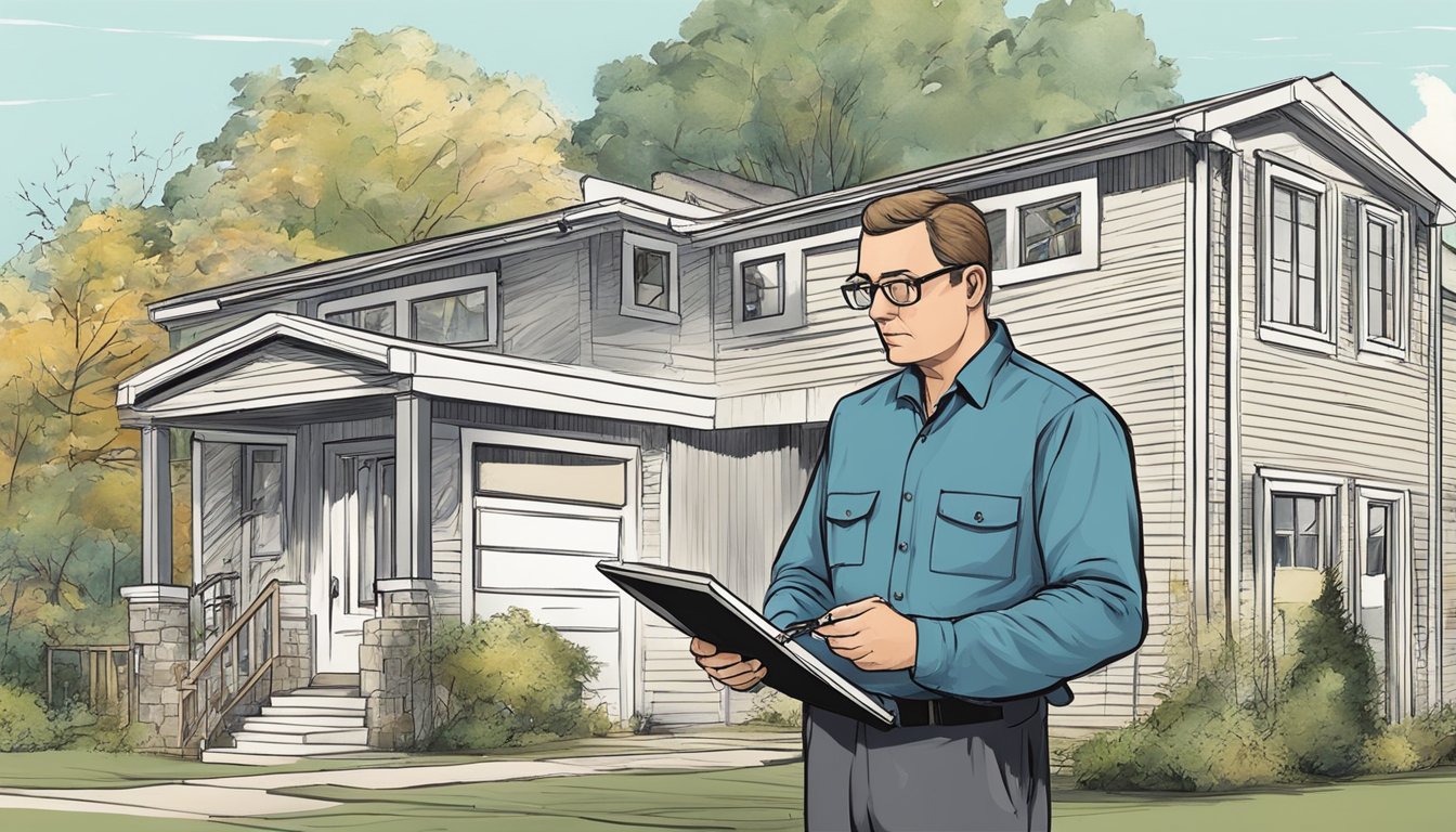 An inspector holding a clipboard examines the exterior of a double wide home, noting any structural issues or signs of wear and tear