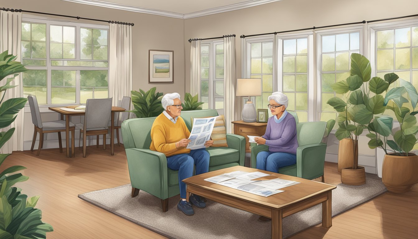 A couple examines floor plans and amenities brochures for double wide homes in a cozy senior living community office