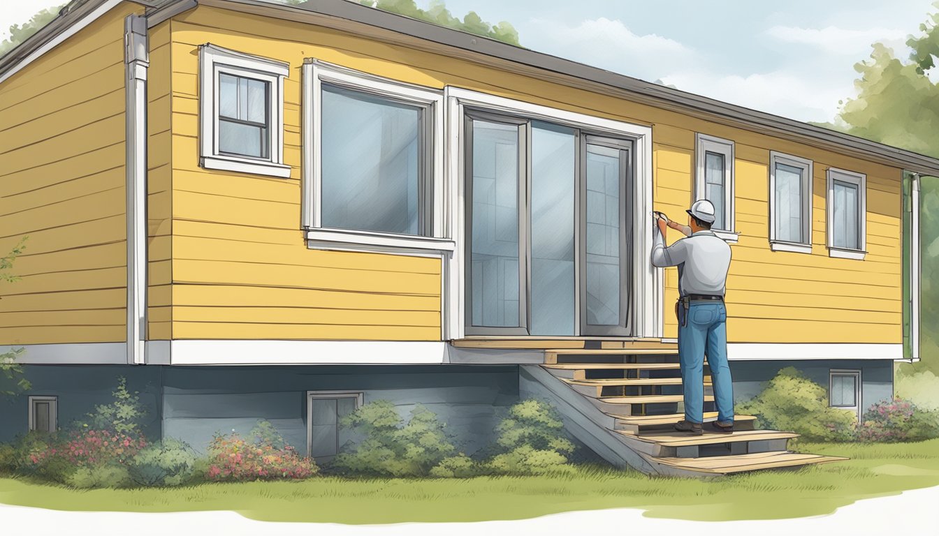 A home inspector examines the exterior and interior of a double wide home, checking for structural integrity, safety hazards, and overall condition