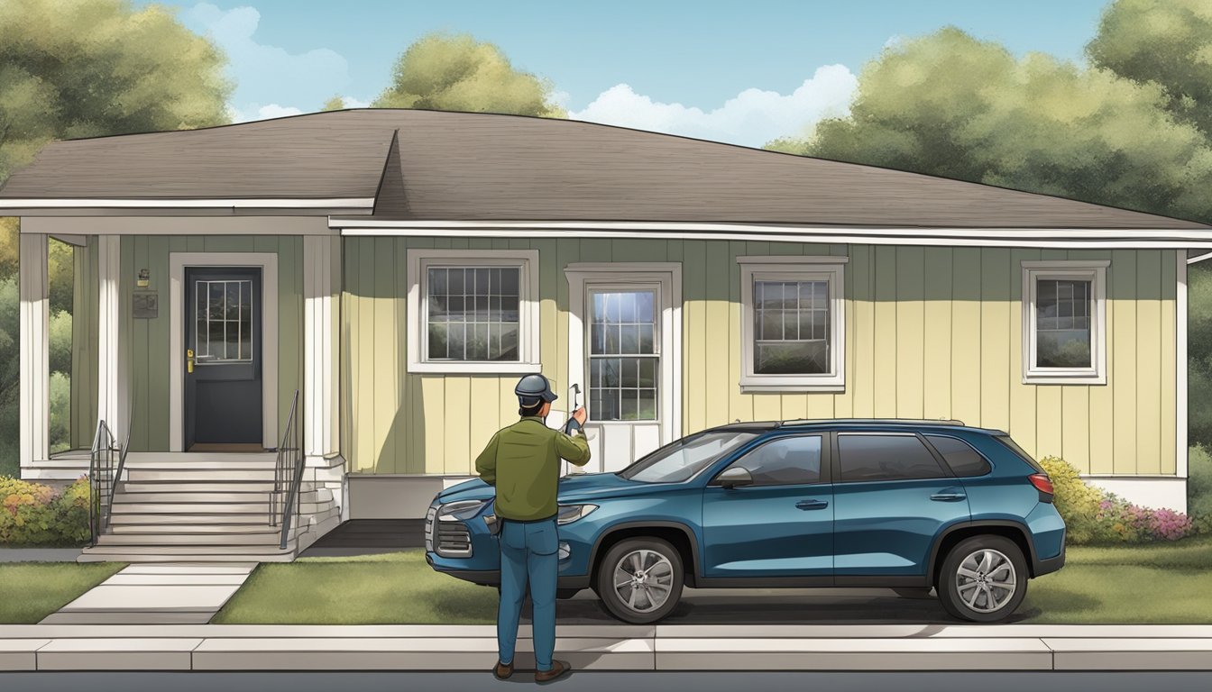 An inspector examining a double wide home, checking off items on a clipboard, while inspecting the exterior and interior of the property