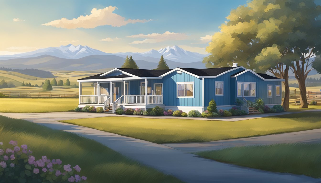 A double wide manufactured home sits on a rural property, surrounded by open fields and rolling hills. A clear blue sky and a distant mountain range can be seen in the background